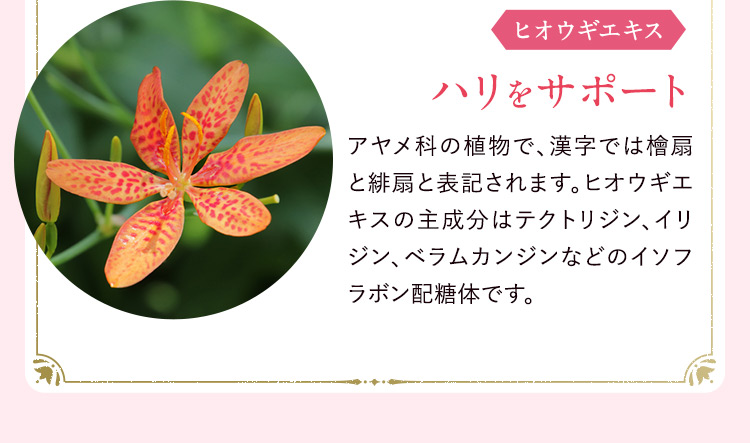 ヒオウギエキス ハリをサポート アヤメ科の植物で、漢字では檜扇と緋扇と表記されます。ヒオウギエキスの主成分はテクトリジン、イリジン、ベラムカンジンなどのイソフラボン配糖体です。